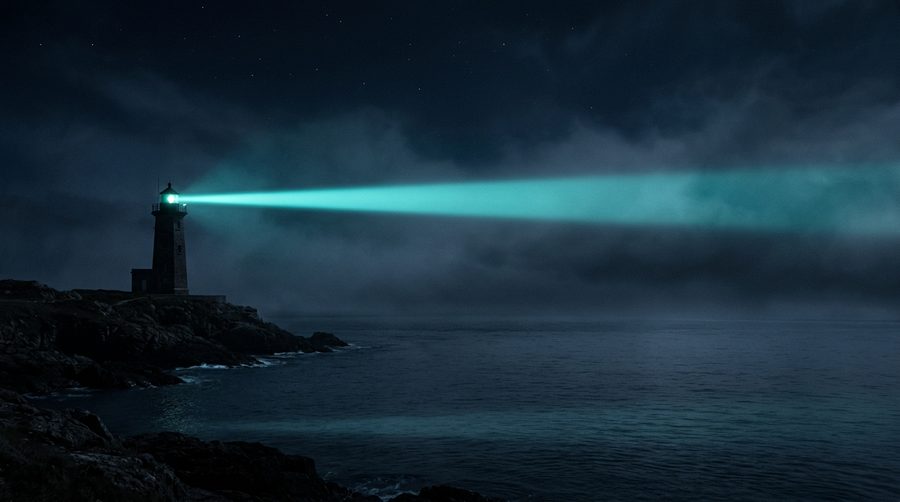Berkas cahaya menara suar hijau laut membelah kabut biru gelap di atas laut malam yang tenang