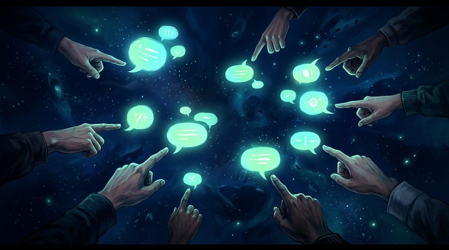 Ilustrasi tangan-tangan yang menunjuk ke arah berbeda dengan gelembung percakapan bercahaya hijau laut di latar biru gelap